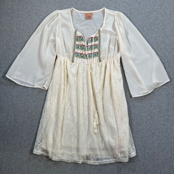 Flying Tomato Dresses & Skirts - Flying Tomato Mini Dress Sheer Lace Womens Small Boho Tassel Peasant Embroidered